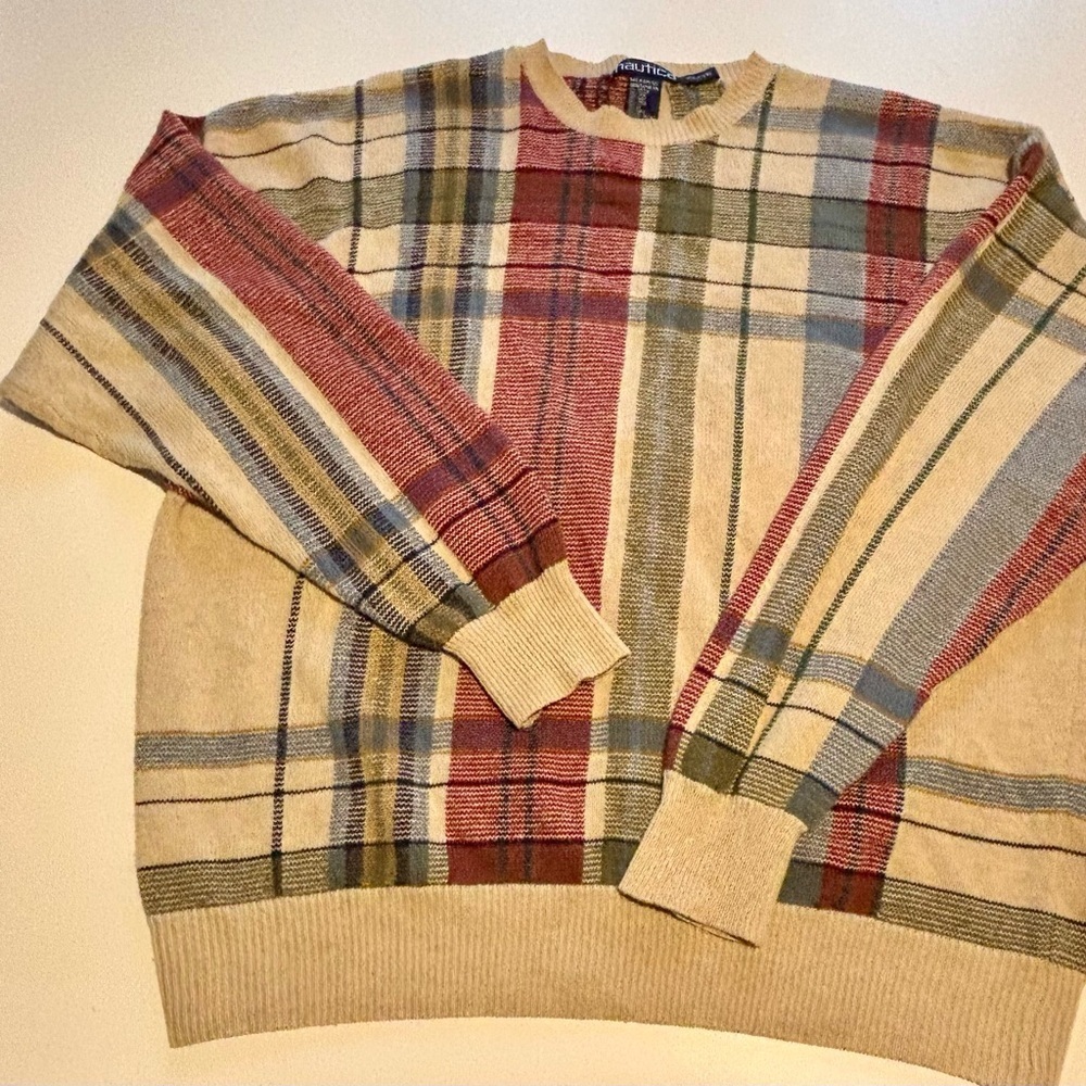 Nautica plaid sweater men’s XL cotton linen vintage 90s grandpa eclectic preppy